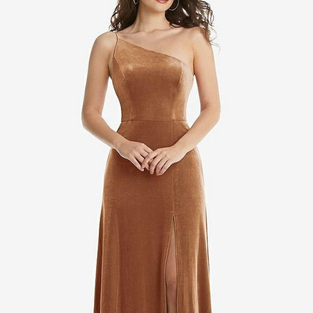 After Six 1556..One-Shoulder Spaghetti Strap Velvet Dress...Golden Almond..Sz 10
